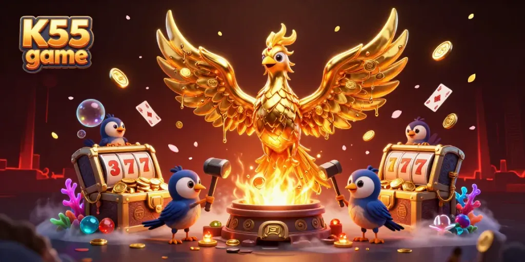 K55 game: Experience a vibrant online casino world with gold coins and exciting game elements.