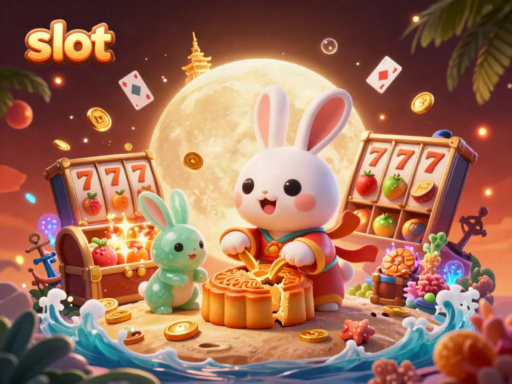 Play slot games amidst moon folklore with a rabbit pounding mooncakes revealing poker chips.