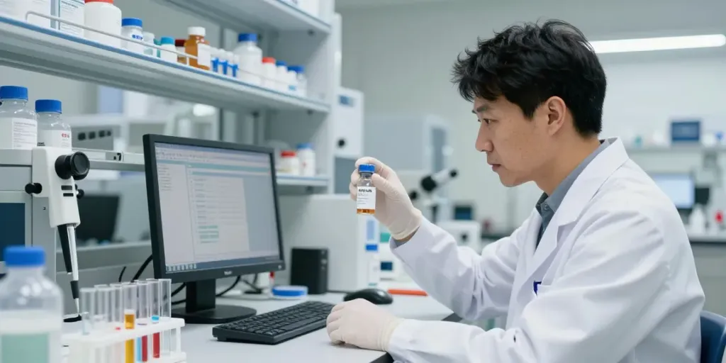 Researcher analyzing high purity sermorelin in a modern lab setting.