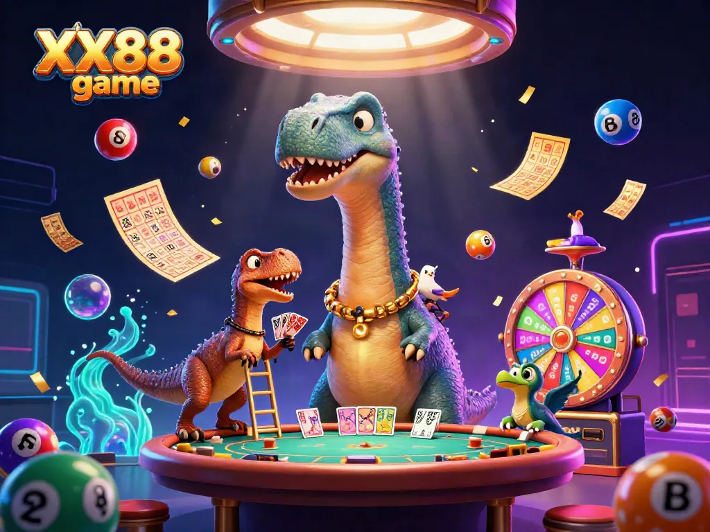 Experience the thrill of the XX88 game with a dynamic 3D casino illustration featuring engaging characters and interactive elements.