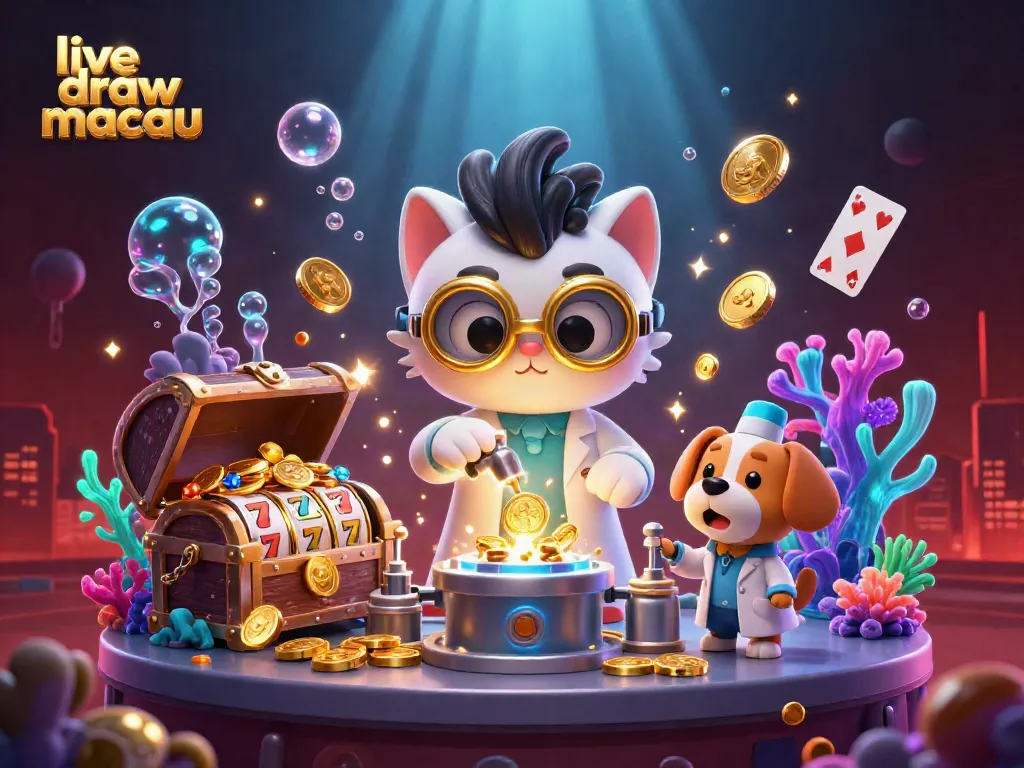 Menangkan slot di live draw macau dengan ilustrasi ilmuwan kucing dan anjing asisten di lab.
