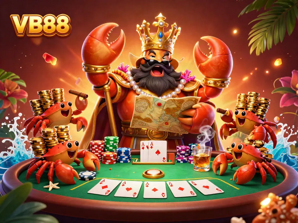 Engage with VB88's vibrant casino atmosphere featuring a golden crab emperor, poker chips, and high-energy gameplay.
