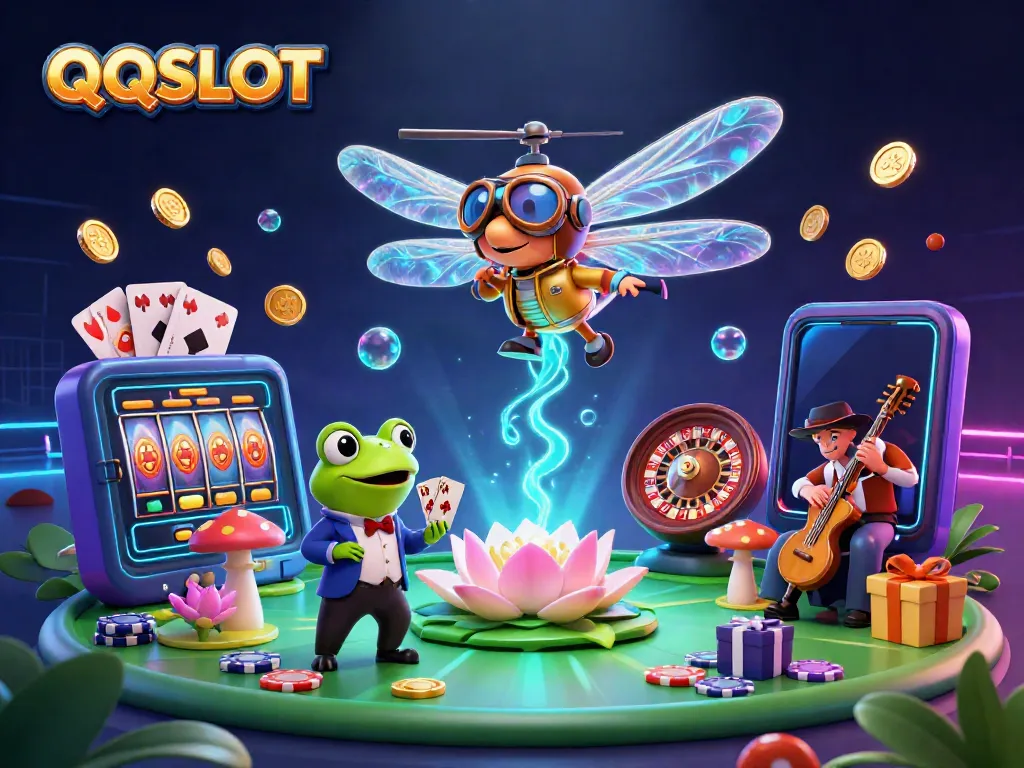 Engage with the QQSLOT experience in a vibrant 3D casino scene with colorful game elements.