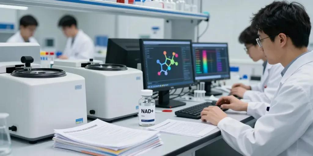 NAD+ peptide research in an advanced laboratory featuring scientists analyzing data.