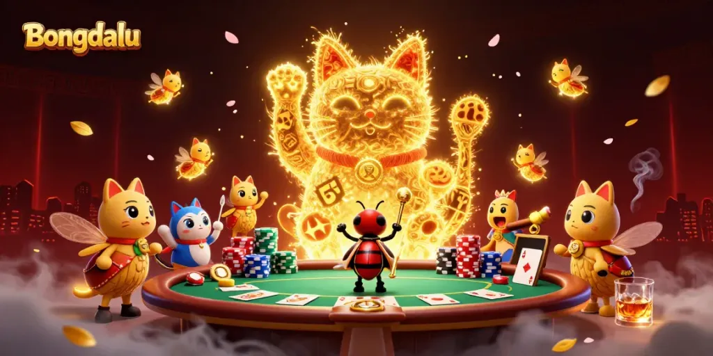 Bongdalu showcases a vibrant 3D rendering of a lucky cat formed by fireflies, set in a dynamic casino scene.