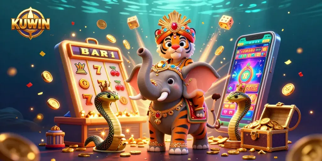 KUWIN captivates with a vibrant 3D illustration of an Indian maharaja tiger, live casino excitement, and slot machine fortune.