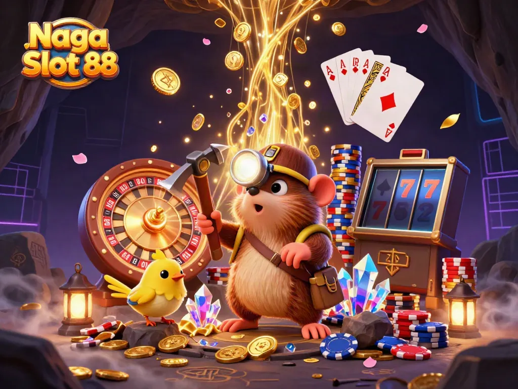 Naga Slot 88 showcases a treasure hunter mole and his canary in a vibrant casino scene filled with golden coins.