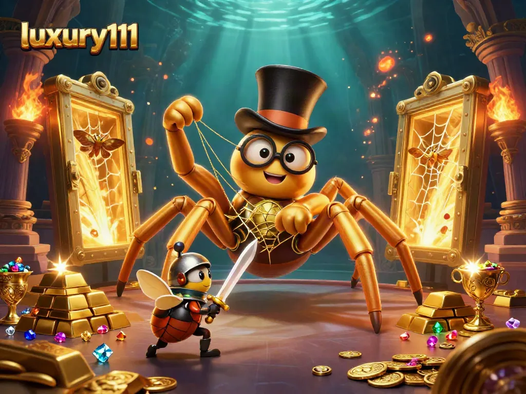 Engage in thrilling gameplay with luxury111's vibrant 3D casino scene, featuring golden treasures and characters.