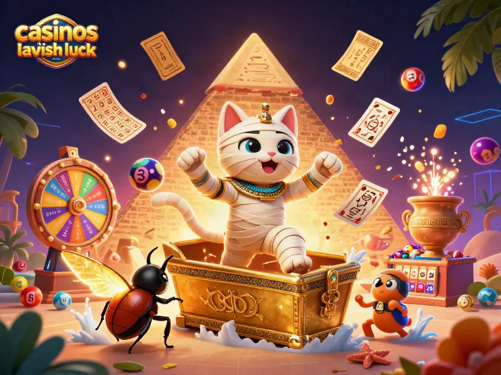 Play exciting games at casinos like Lavish Luck, with vibrant slot reels and festive elements.