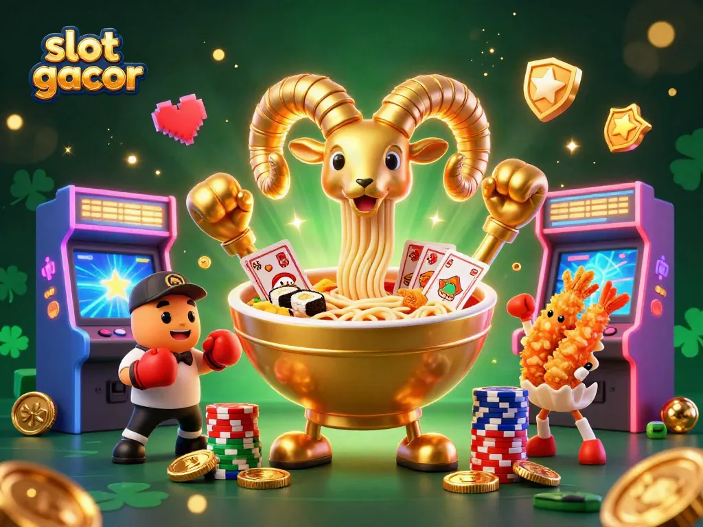 Slot gacor dengan karakter unik dan elemen permainan kasino dalam ilustrasi 3D.