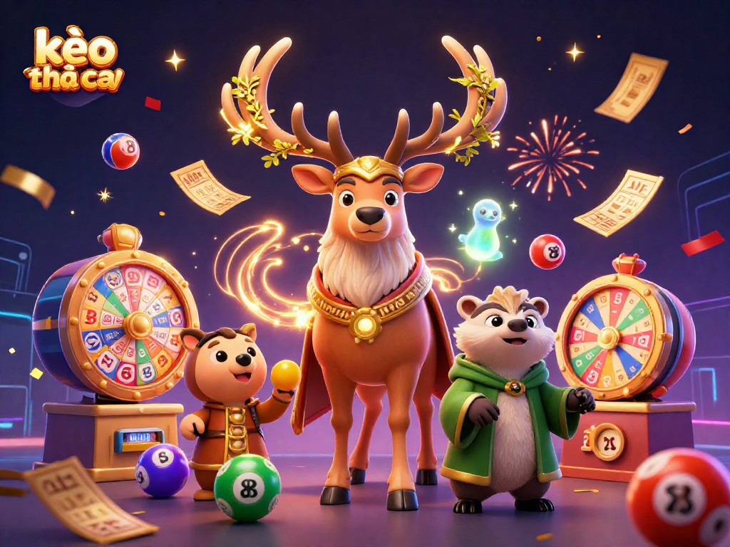 Engage with kèo nhà cái through vibrant lottery elements and 3D casino characters.