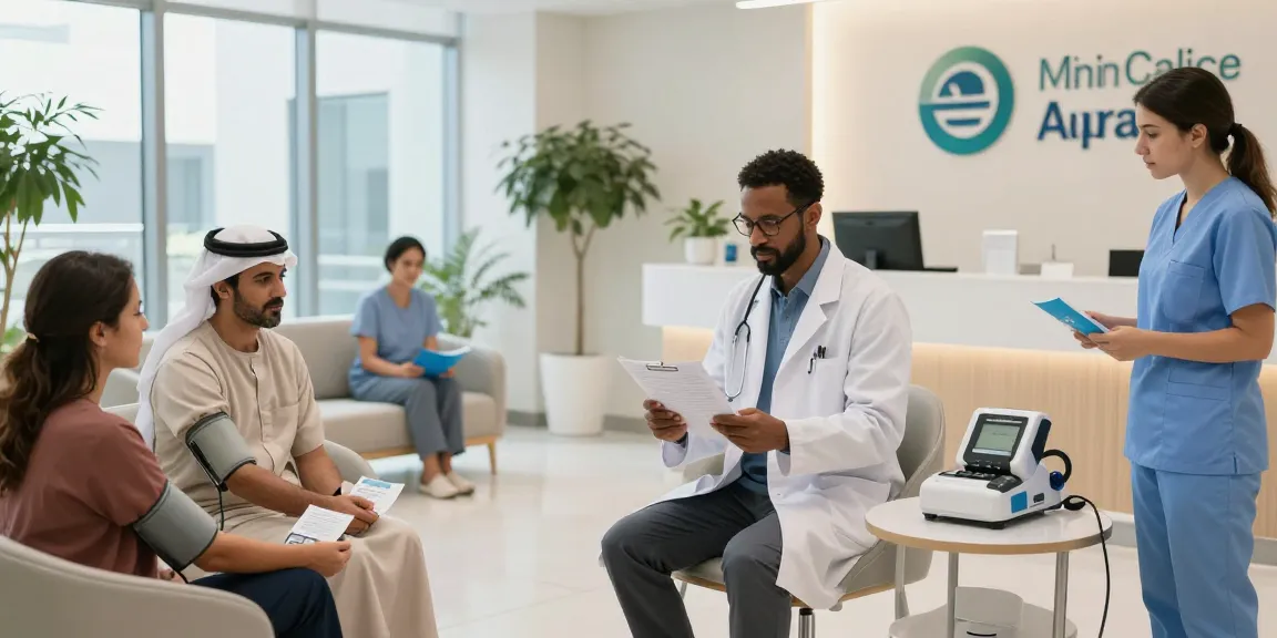 Health screening Abu Dhabi with medical team preparing for patient check-ups in a modern clinic