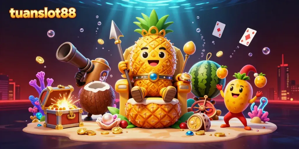 tuanslot88, raja nanas kartun 3D sedang duduk di singgasana buah dengan penjaga badak kelapa dan pelawak mangga di kasino pantai