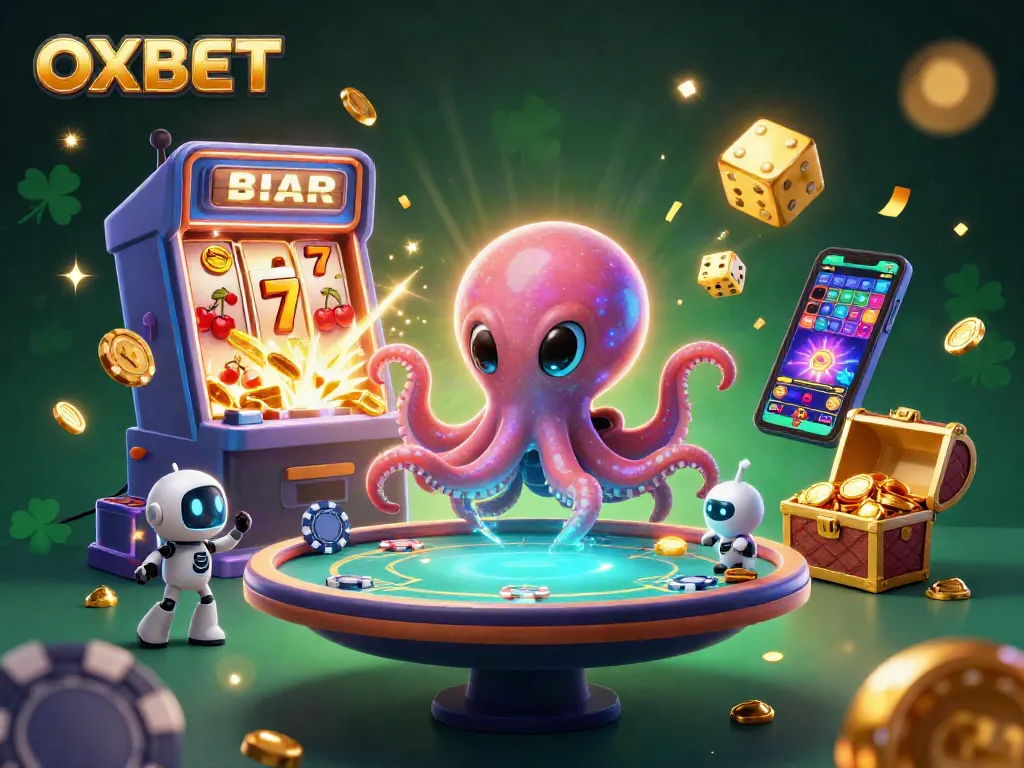 Engage with OXBET in a vibrant 3D casino scene featuring an alien octopus and explosive jackpot actions.