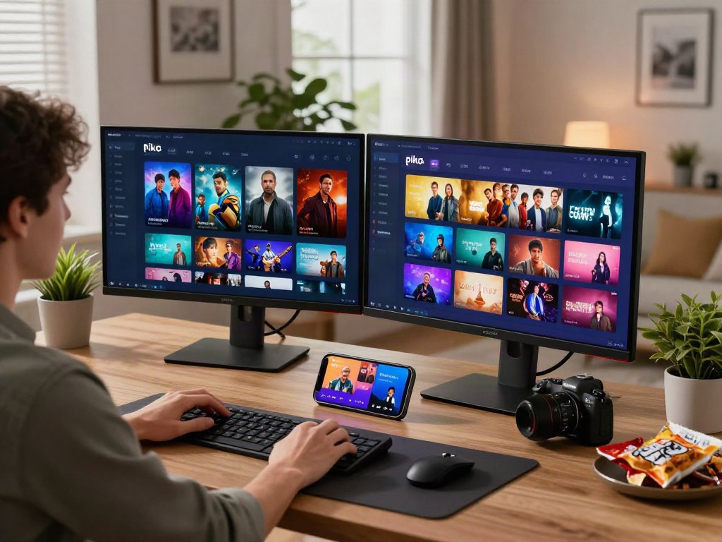 Pikashow apk displayed on dual monitors in a cozy home office setup, showcasing vibrant media streaming experience.