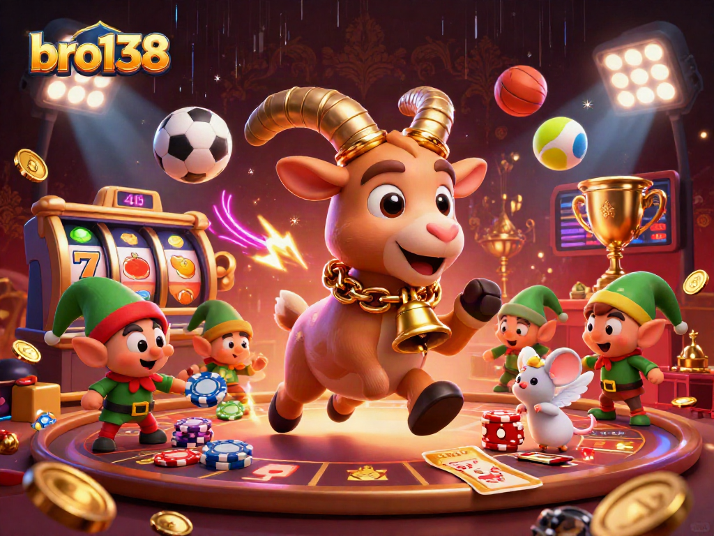 Experience exhilarating gameplay at bro138 with festive characters in a vibrant casino setup.