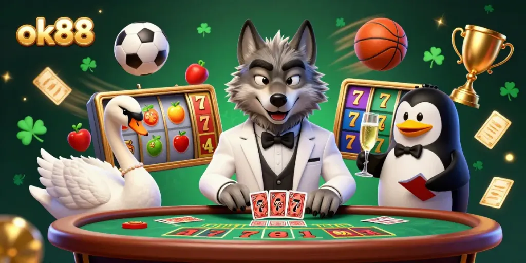 Experience thrilling gameplay at ok88 with a debonair wolf, elegant swan, and sophisticated penguin in a vibrant casino.
