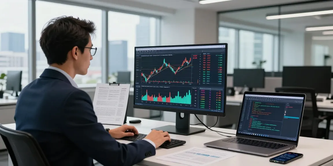 Data analyst utilizing Singapore quant stock API in a modern fintech workspace with real-time market data.