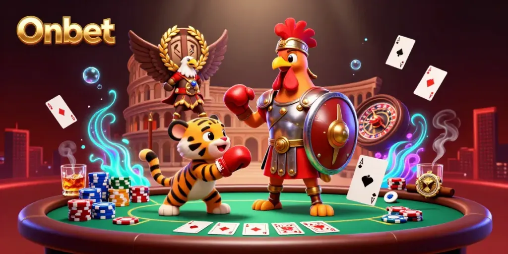 Experience thrilling gaming action at Onbet with a gladiator rooster and tiger cub in an epic casino scene.