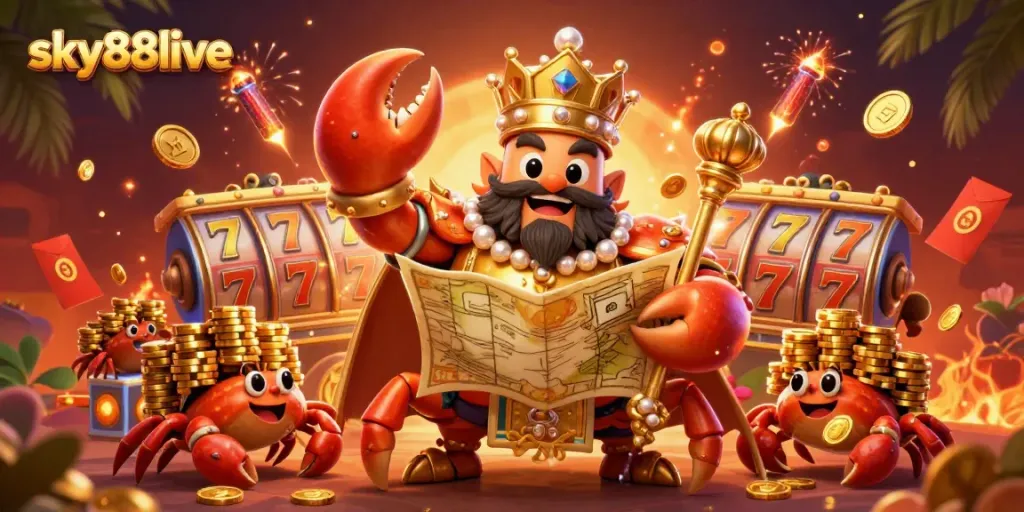 Experience thrilling gameplay with sky88live as a massive golden crab emperor leads in a vibrant casino scene.