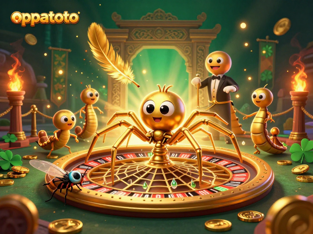 Experience thrilling bets at oppatoto with a golden spider, roulette wheel, and lively centipede croupier.