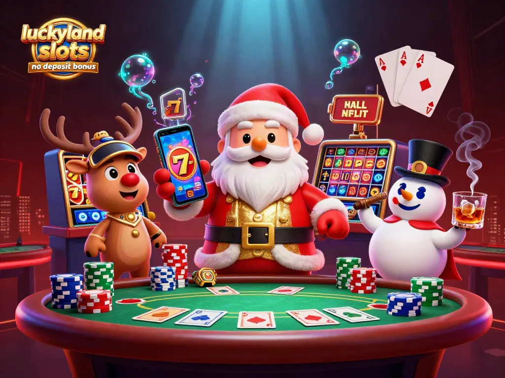 Spin the reels and enjoy the luckyland slots no deposit bonus with festive characters in a dynamic casino scene.
