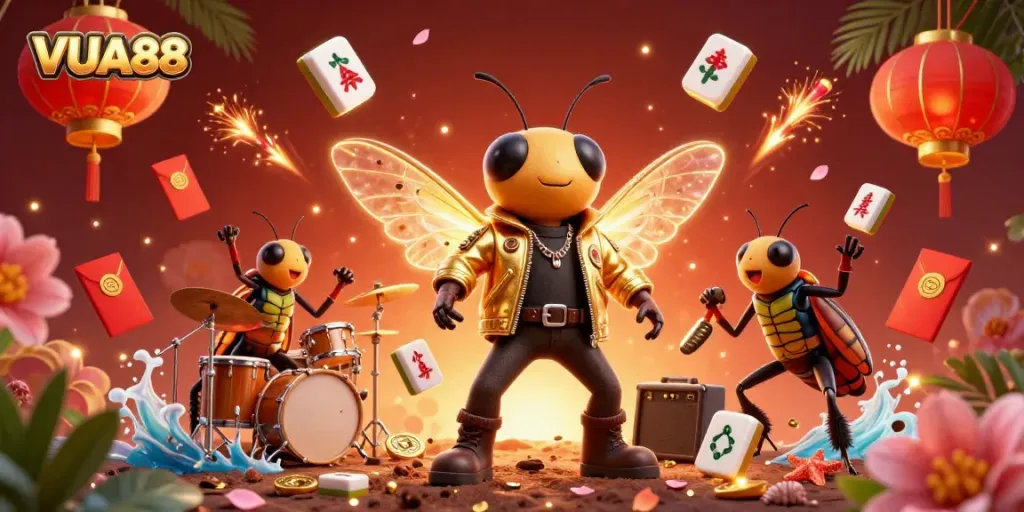 Engage with VUA88's upscale casino environment featuring a lively cartoon cicada rock star and vibrant gambling symbols.