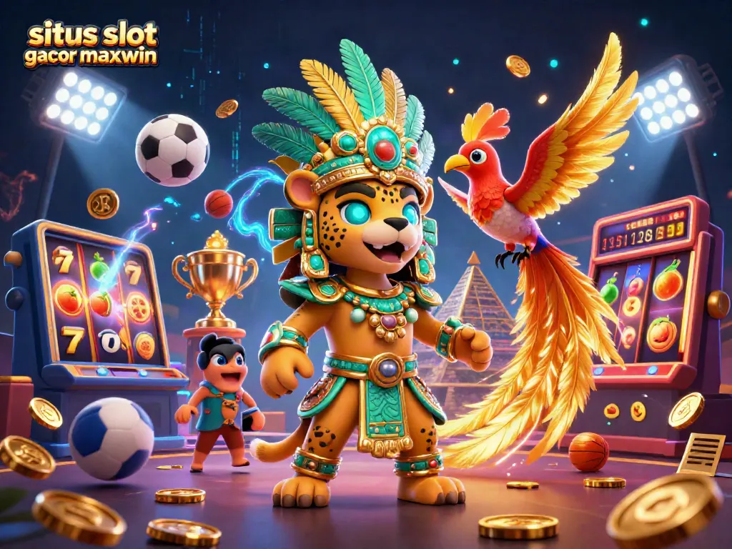 Situs slot gacor maxwin showcases a vibrant Mayan-themed 3D casino scene with dynamic slot reels and lucky symbols.