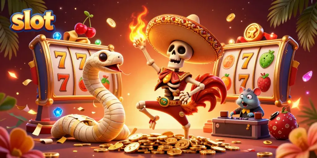 Engaging scene of a playful slot-themed celebration featuring vibrant characters and slot symbols.
