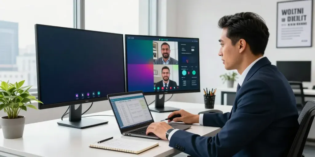 Michael Rustom leading a video call in a modern consulting office, showcasing professional engagement.