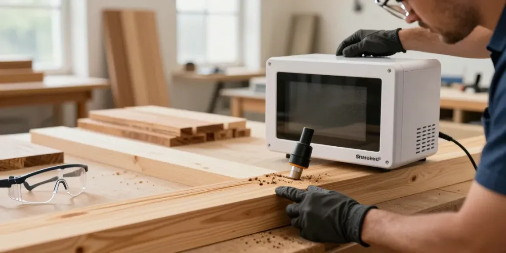 Technician using SHASHEL® microwave device for effective woodworm extermination in a workshop.