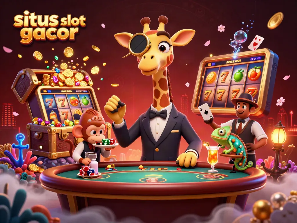 Experience winning moments at situs slot gacor with lively characters enjoying slot games surrounded by rich casino elements.