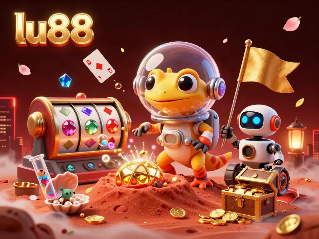 Experience thrilling games at lu88 with a lively 3D scene featuring vibrant gambling elements and characters.