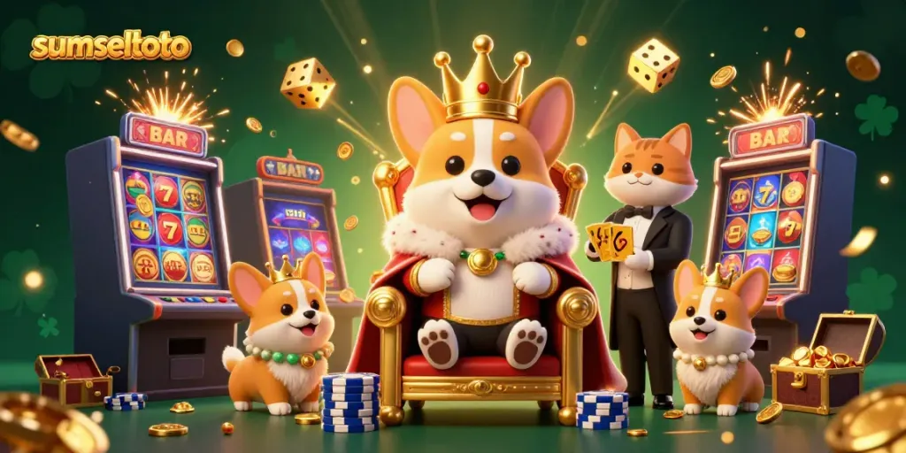 Experience fun with sumseltoto, featuring a corgi king and vibrant casino elements in this dynamic illustration.