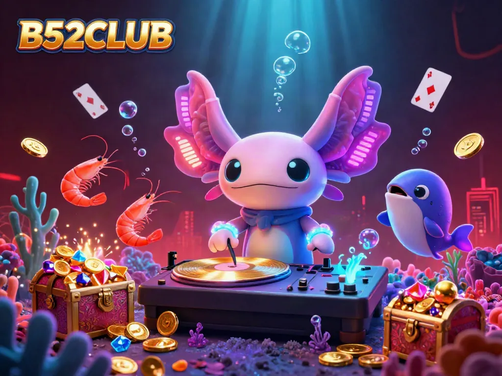 Experience the excitement with B52CLUB's vibrant underwater gaming scene featuring axolotl DJ and treasure.