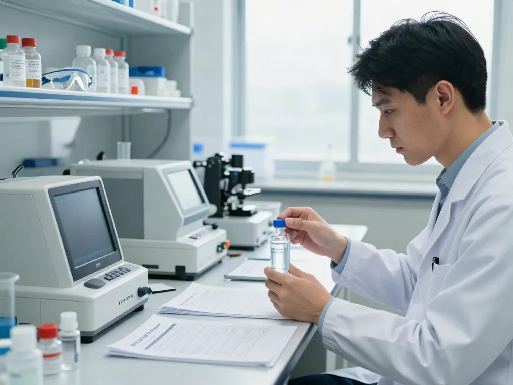 Bacteriostatic water for sale in a professional lab setting with quality testing equipment.
