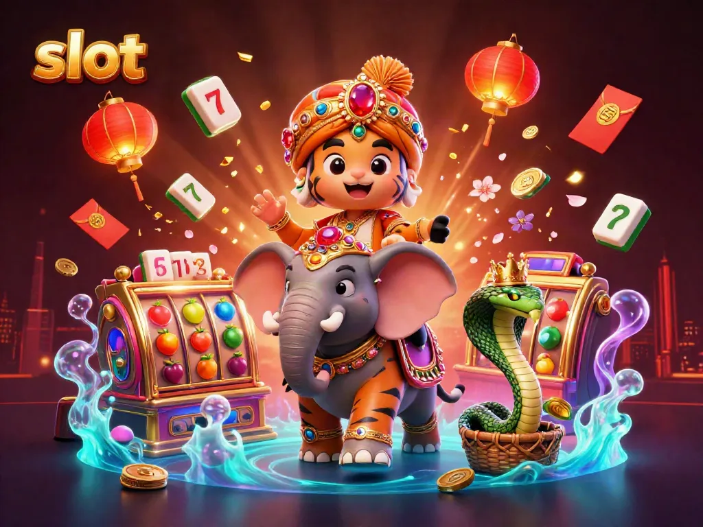 Slot mesin yang menampilkan macan maharaja, gajah berpermata, dan simbol keberuntungan yang mengelilingi mereka.