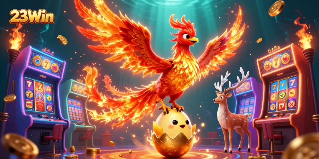 Engage with thrilling gaming elements at 23Win featuring a phoenix and vibrant slot machines.