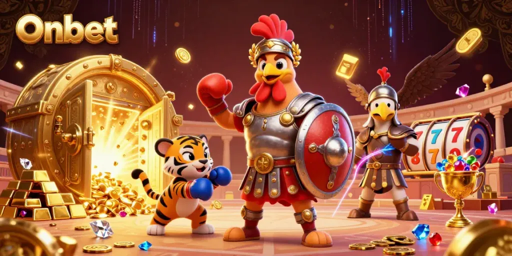 Onbet showcases a gladiator rooster in a dynamic casino scene with gold and jewels, emphasizing winning chances.