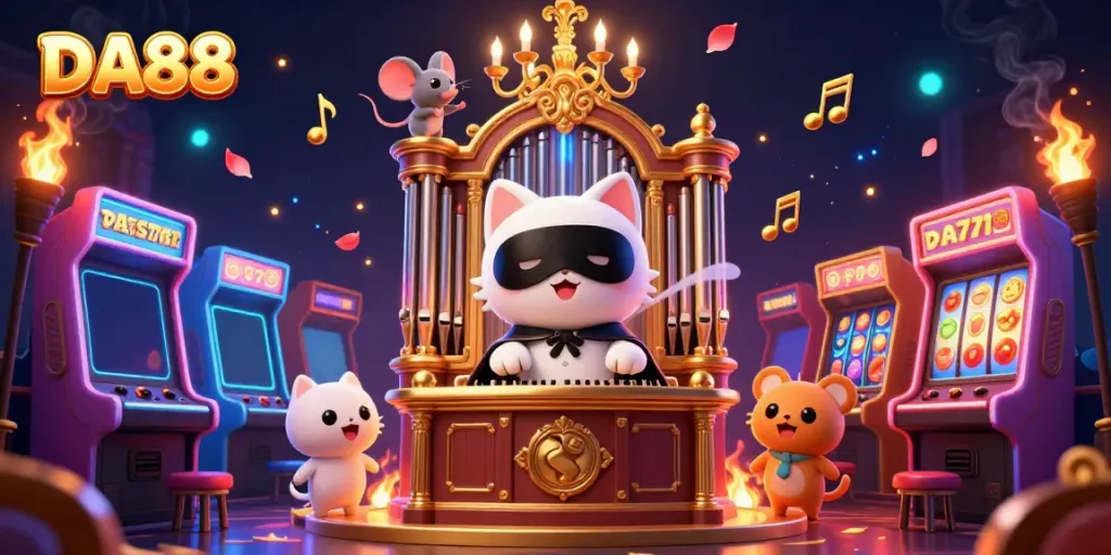 Engage with DA88's dynamic casino environment featuring vibrant 3D arcade elements and casino-themed characters.