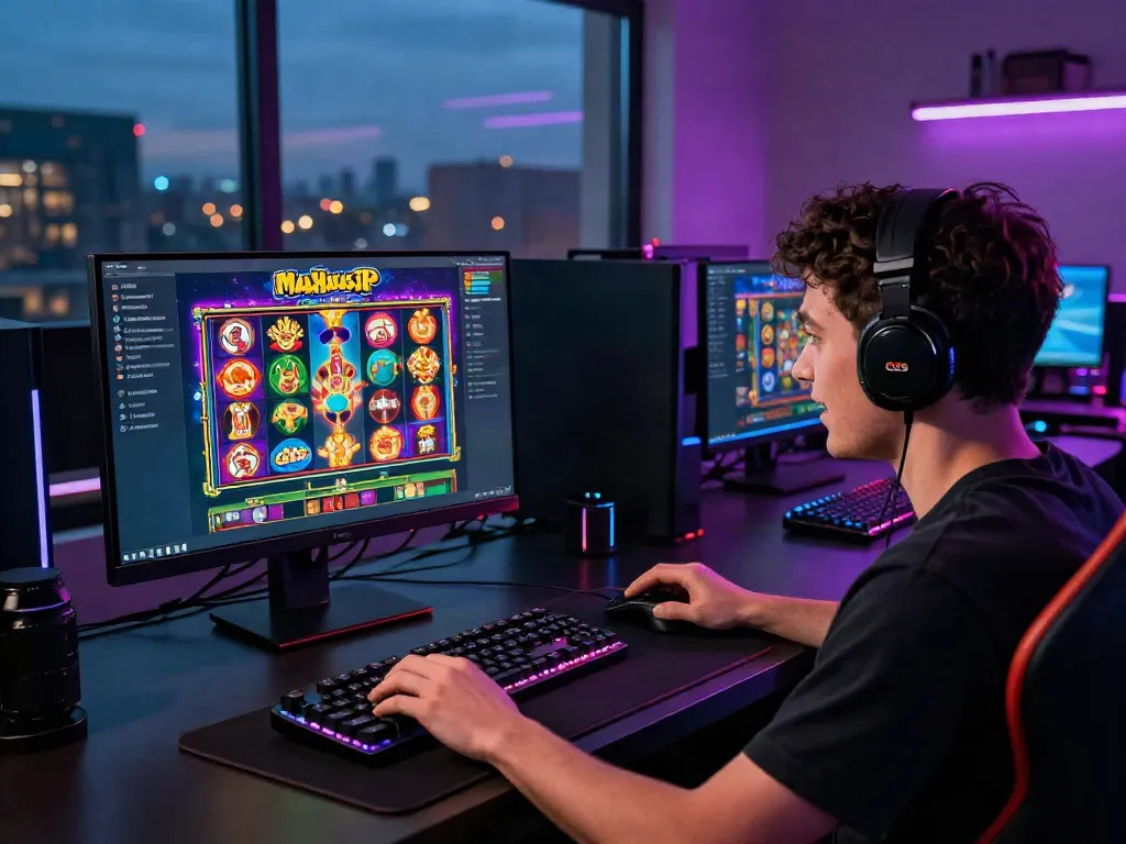 Engaged player enjoying Slot MAHJONGJP88 on a desktop, vibrant gaming accessories enhance the atmosphere.