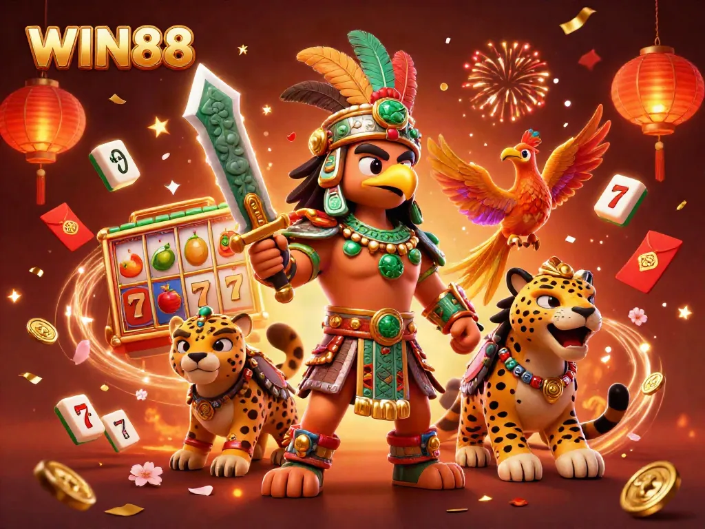 WIN88 slot gaming adventure with Aztec warriors, vibrant symbols, and festive atmosphere.