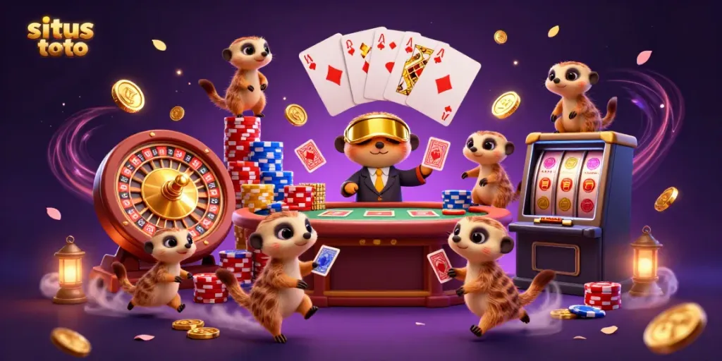 Meerkats running an elaborate casino operation with games and gold coins in a vibrant atmosphere, situs toto featured.