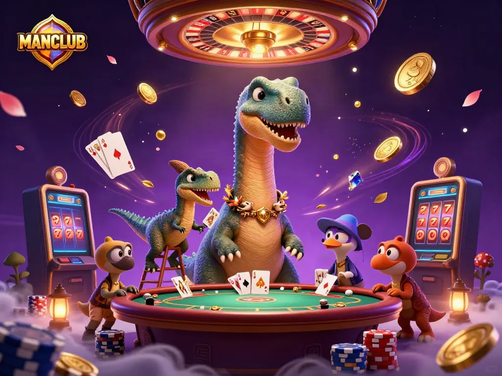 MANCLUB's vibrant casino scene features a brontosaurus, raptor dealer, and sparkling gems.