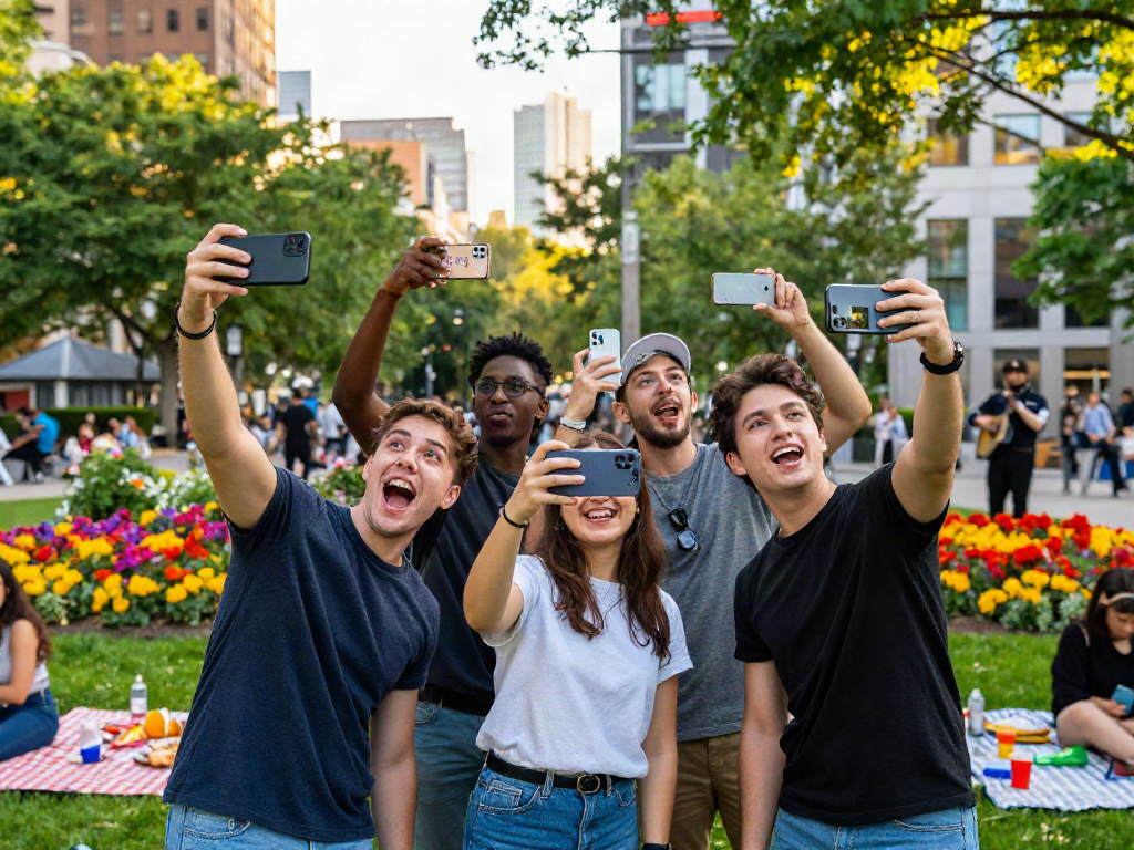Group of friends enjoying the attractive test in a sunny park