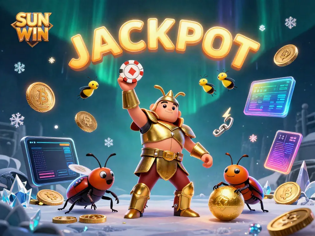 SUN WIN triumphantly showcased by a heroic beetle lifting a poker chip, amidst vibrant 3D gambling elements.