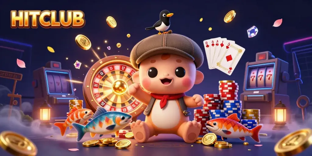Pursue wins at HITCLUB with playful cartoon characters amidst cascading coins and vibrant casino elements