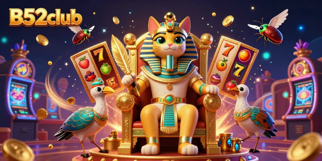 Engage in thrilling gameplay at B52club with rich visuals, featuring a pharaoh cat and vibrant slot elements.