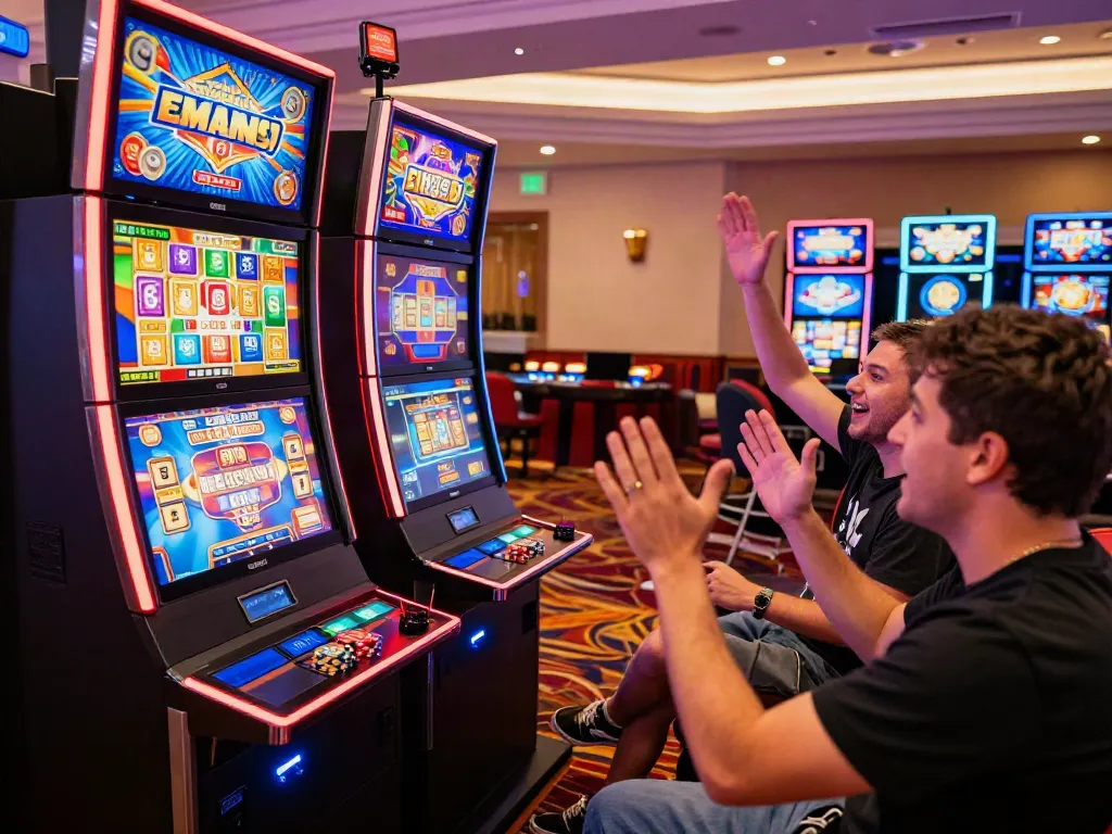 Exciting scene of players engaging with a PG SLOT machine in a vibrant casino environment.