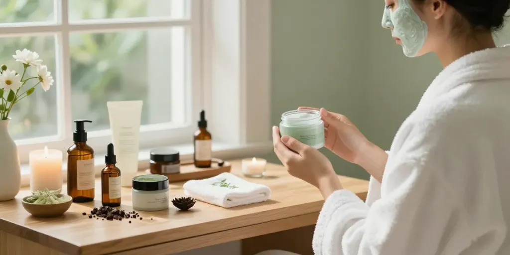 Beauty and wellness products online India showcased in a serene home spa setup with natural skincare items.